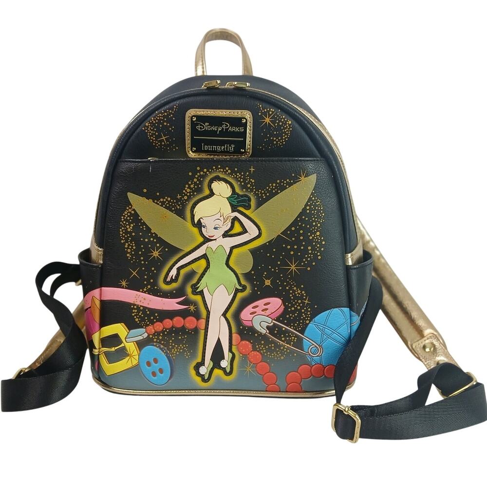 Disney Parks Loungefly Tinkerbell Mini Backpack Black Gold EUC